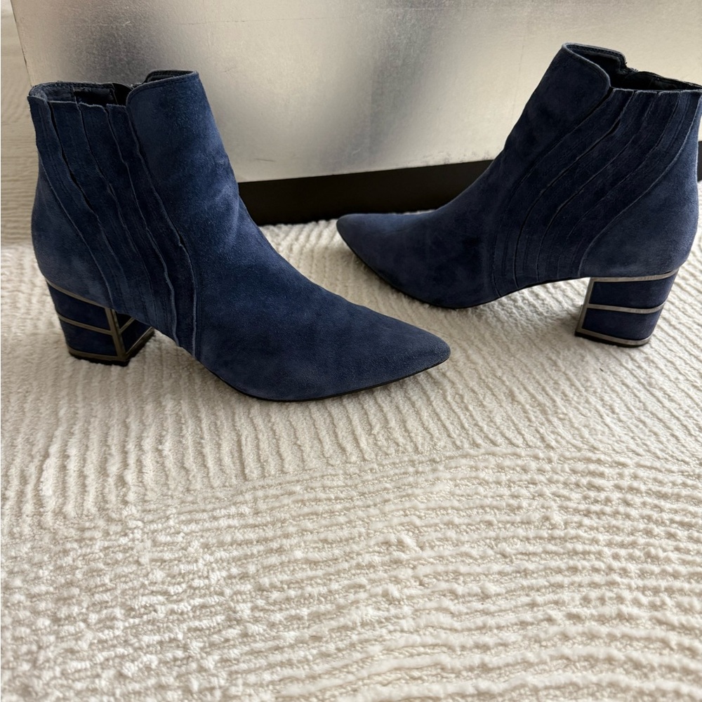 Navy suede ankle boots with silver block heel
